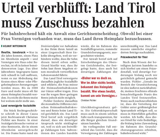 Land Tirol muss Zuschuss bezahlen